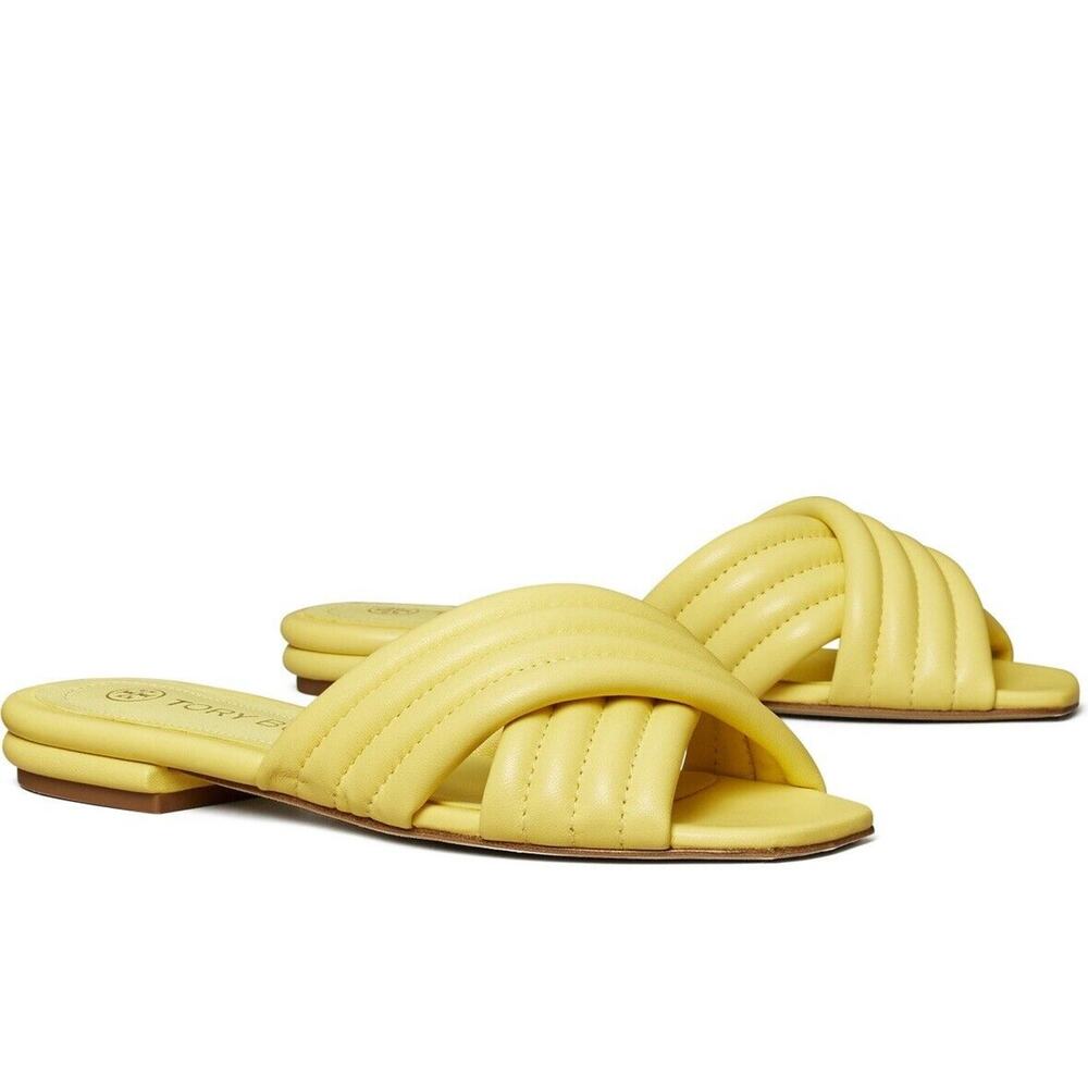 Tory Burch Kira Quilted Crisscross Sandals Slides Butter Yellow Sz 8 NWOB $278